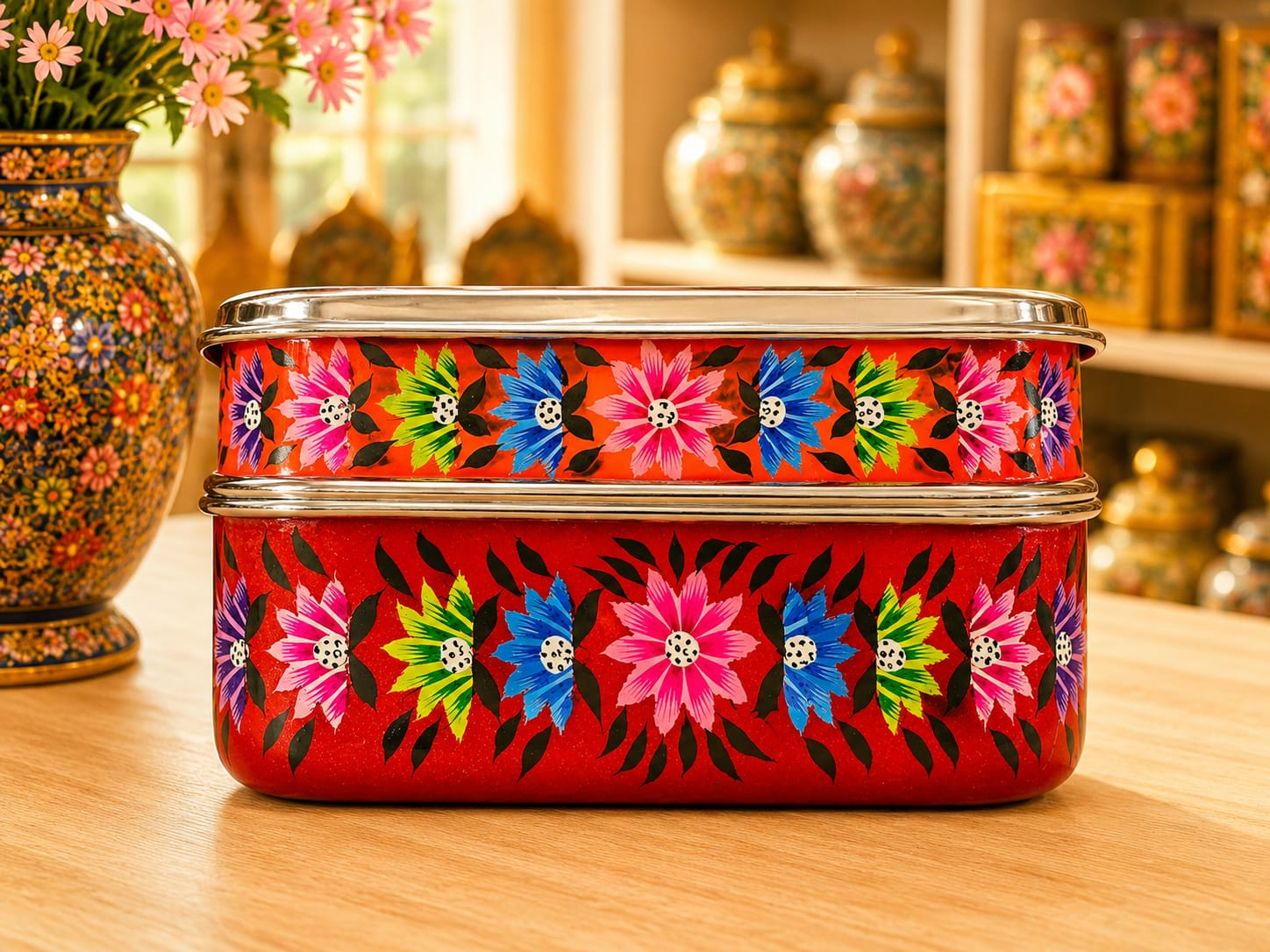 Hand painted lunch box,Bento lunch box,Enamelware tifin box,Kashmiri Enamelware,bento box for kids,hand painted bento box,Indian tiffin